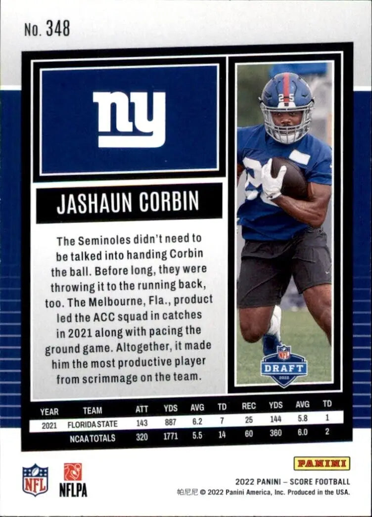 2022 Panini Score Jashaun Corbin Rookie New York Giants Football Card #348