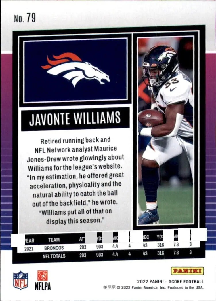 Javonte Williams football card from 2022 Panini Score Denver Broncos NFL collection