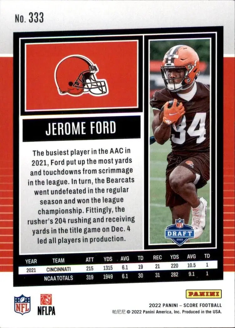 Jerome Ford football card from 2022 Panini Score Rookie Cleveland Browns NFL #333