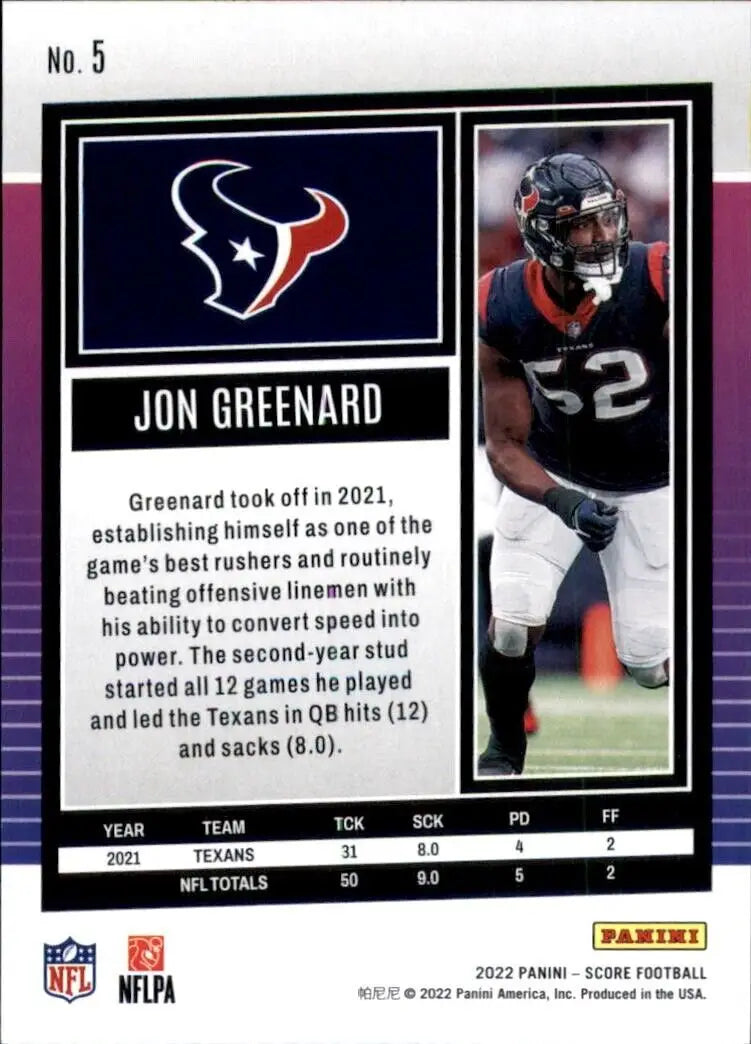 Jon Greenard football card from 2022 Panini Score Houston Texans NFL collection