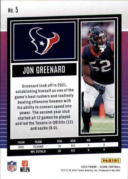 Jon Greenard football card from 2022 Panini Score Houston Texans NFL collection