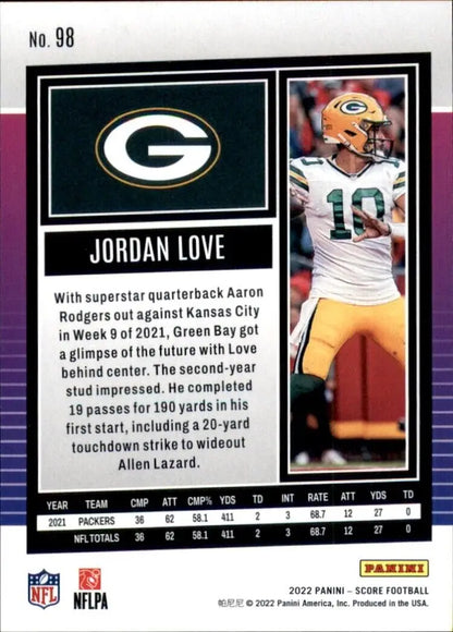 Jordan Love Green Bay Packers NFL Football Card from 2022 Panini Score #98