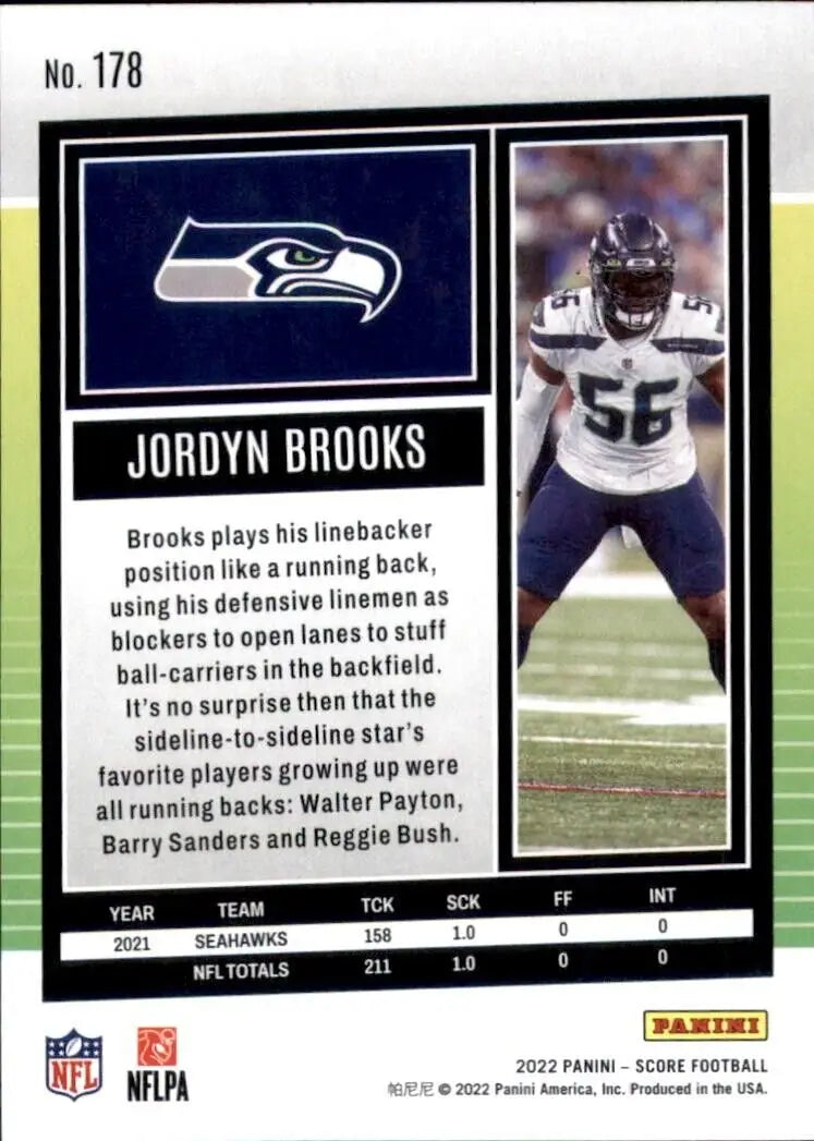 Jordyn Brooks football card from 2022 Panini Score Seattle Seahawks NFL #178