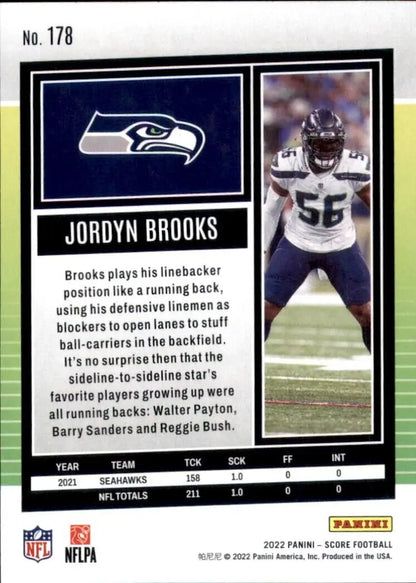 Jordyn Brooks football card from 2022 Panini Score Seattle Seahawks NFL #178