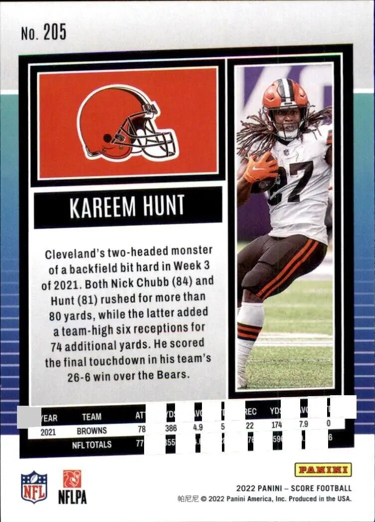 2022 Panini Score Kareem Hunt Cleveland Browns NFL Football Card #205 for collectors