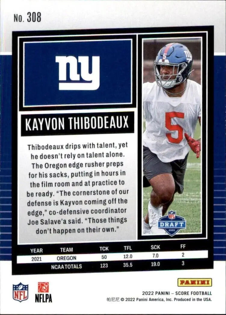 Kayvon Thibodeaux rookie card from 2022 Panini Score for New York Giants NFL