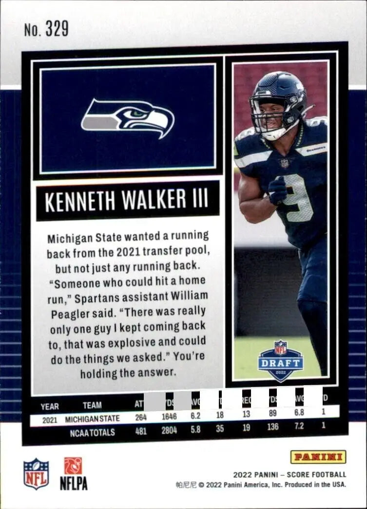 Kenneth Walker III Rookie football card from 2022 Panini Score Seattle Seahawks #329