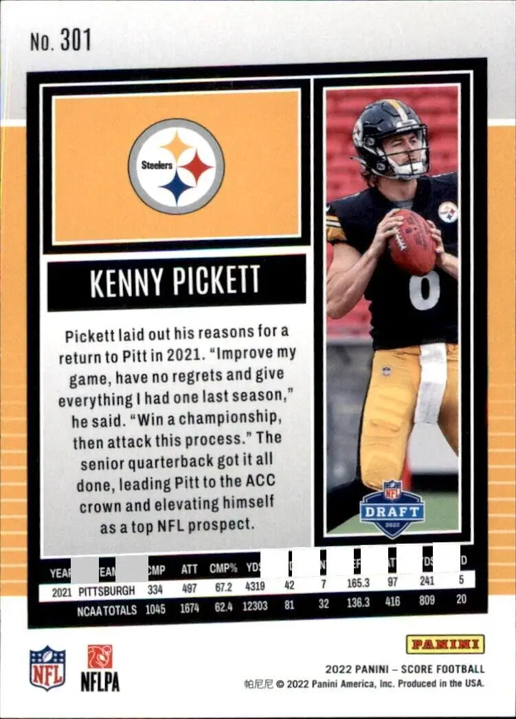 Kenny Pickett Rookie Football Card from 2022 Panini Score for Pittsburgh Steelers