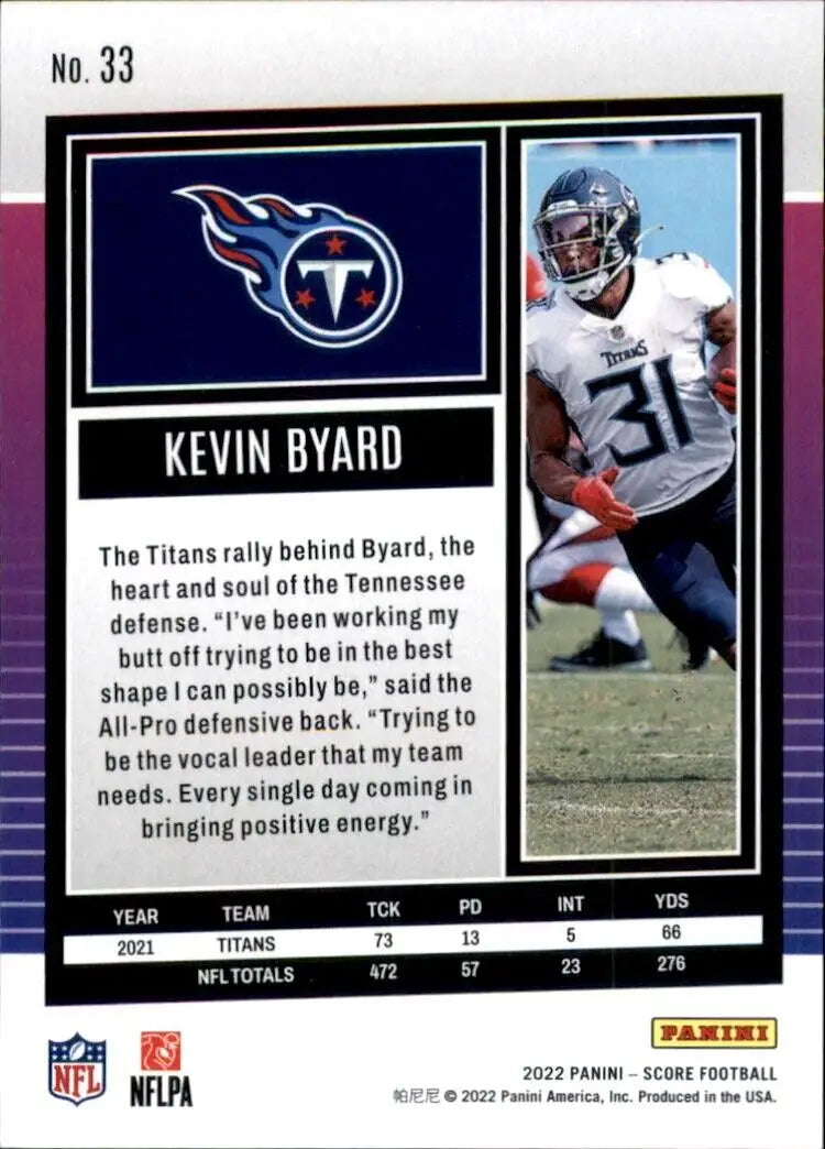 Panini Score Kevin Byard Tennessee Titans NFL Football card #33 2022 edition