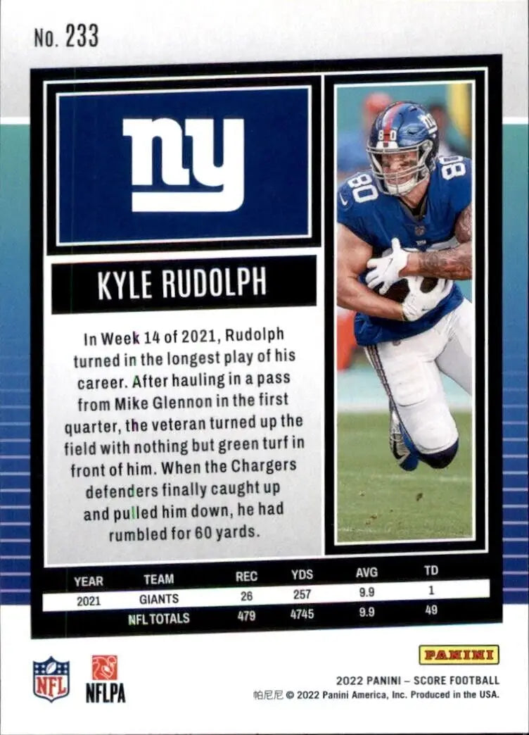 2022 Panini Score Kyle Rudolph New York Giants NFL Football Card #233