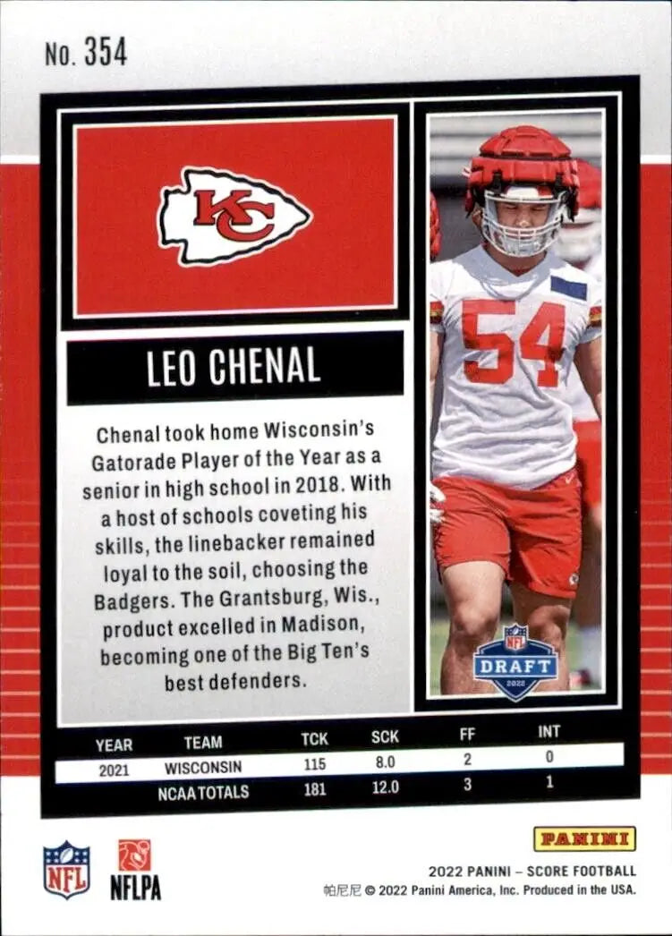 Panini Score Leo Chenal Rookie card featuring Kansas City Chiefs NFL Football #354