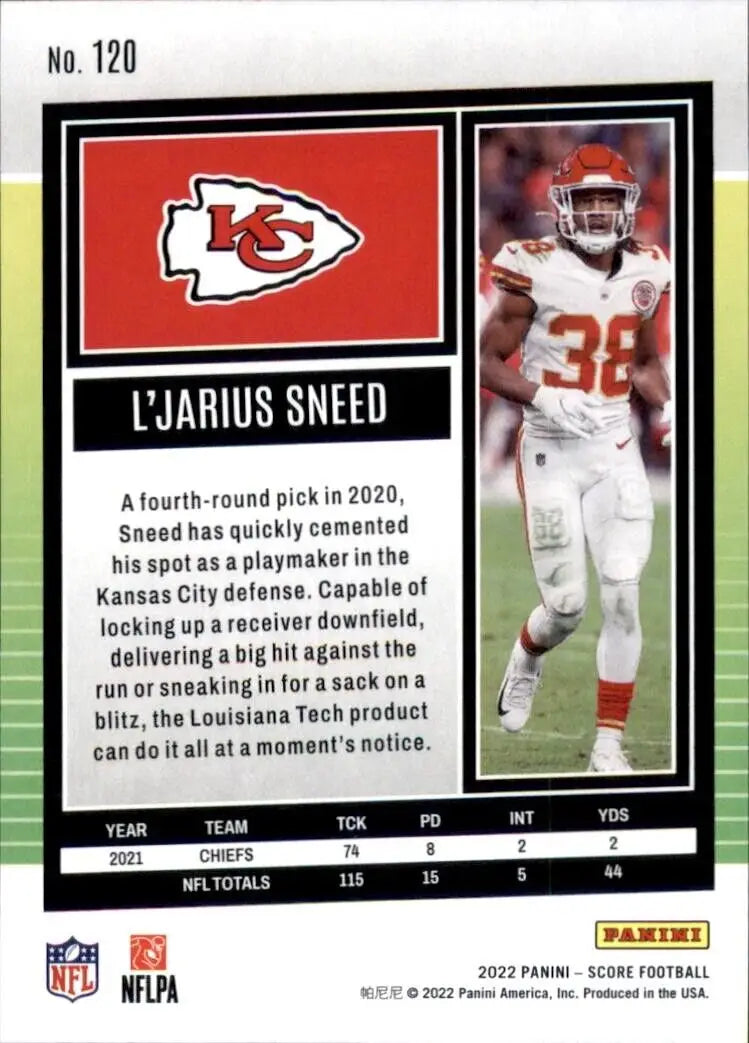 L’Jarius Sneed Kansas City Chiefs football card 2022 Panini Score #120 collectible item