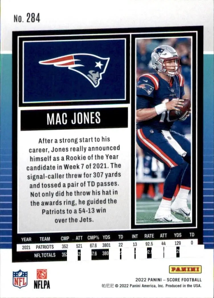 2022 Panini Score Mac Jones New England Patriots NFL Football Card #284 for collectors