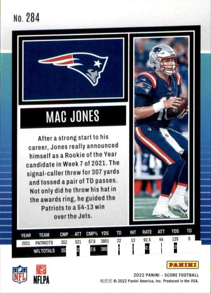 2022 Panini Score Mac Jones New England Patriots NFL Football Card #284 for collectors