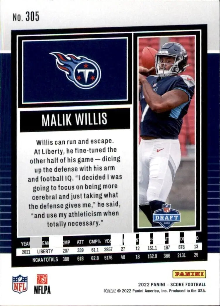 Malik Willis Rookie Card from 2022 Panini Score Tennessee Titans NFL #305