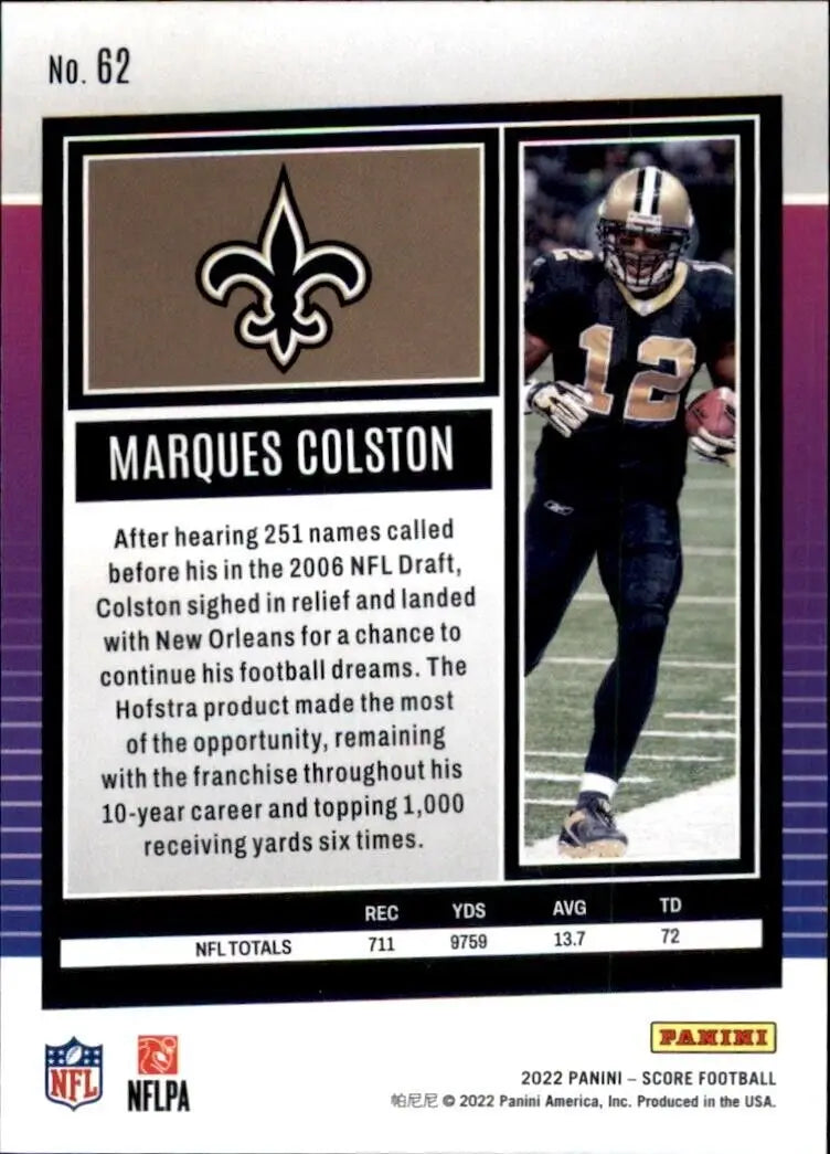 Panini Score Marques Colston New Orleans Saints NFL football card #62 displayed