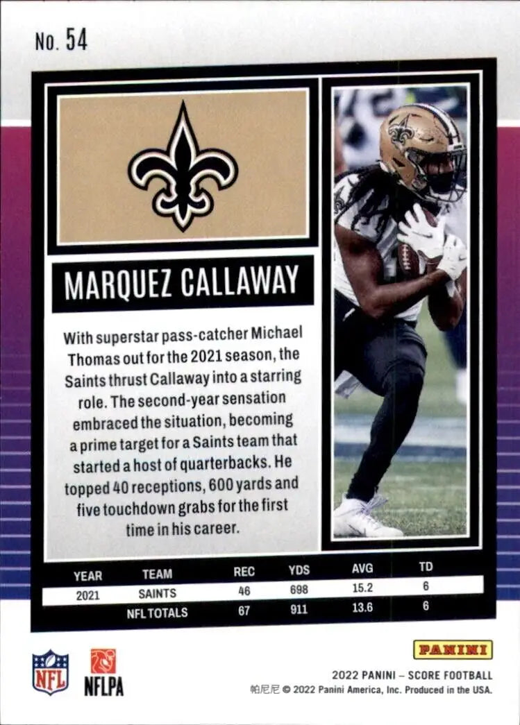 2022 Panini Score Marquez Callaway football card New Orleans Saints #54 collectible