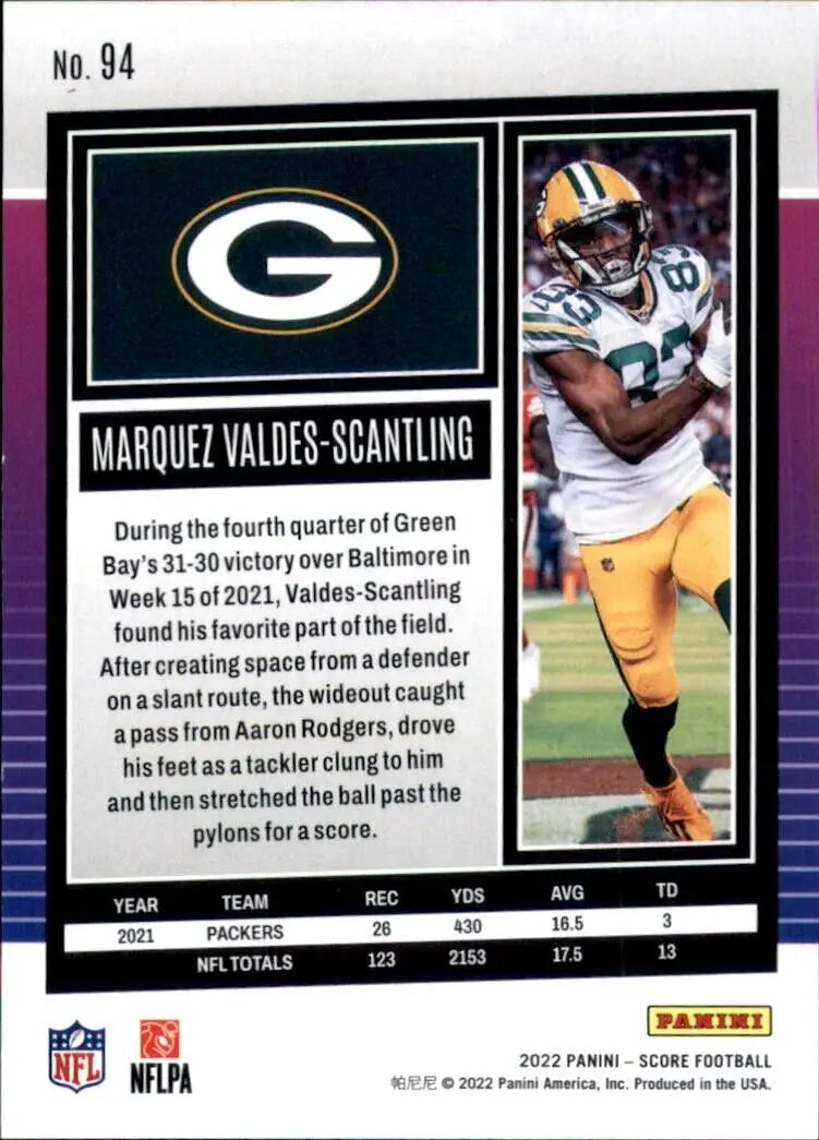 Marquez Valdes-Scantling 2022 Panini Score Green Bay Packers football card #94