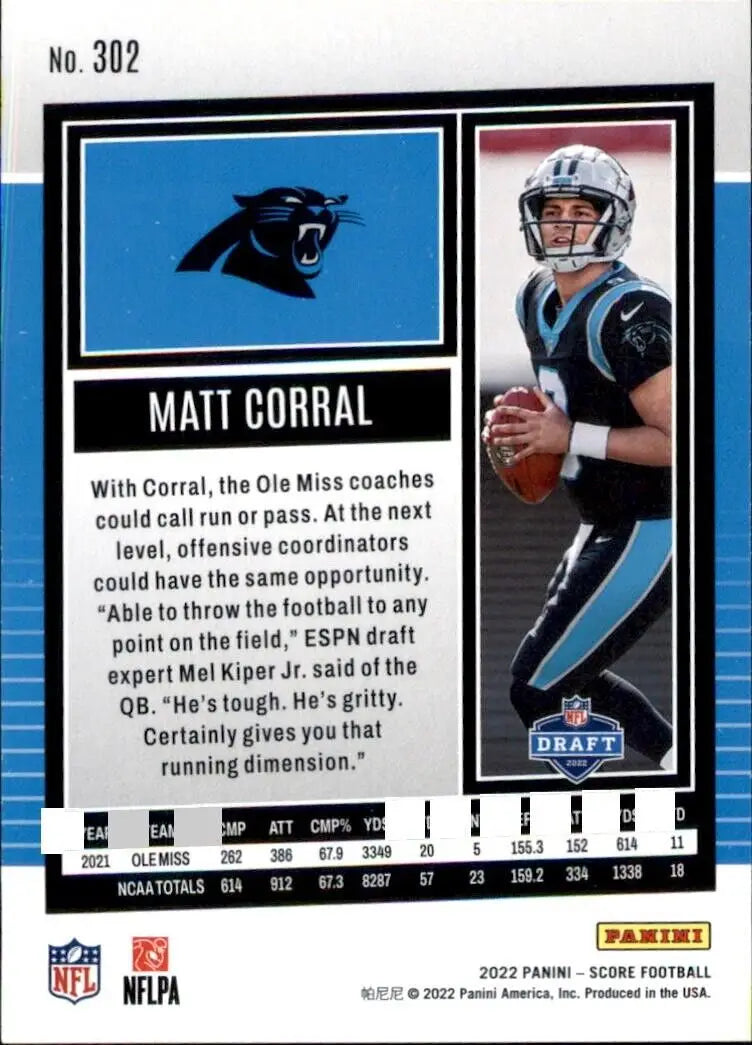 Matt Corral Rookie card from 2022 Panini Score Carolina Panthers NFL #302