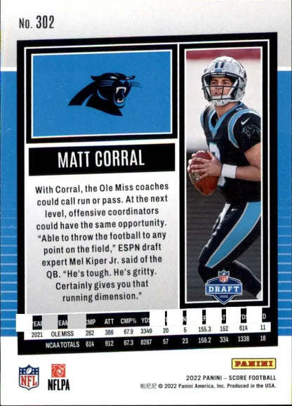 Matt Corral Rookie card from 2022 Panini Score Carolina Panthers NFL #302