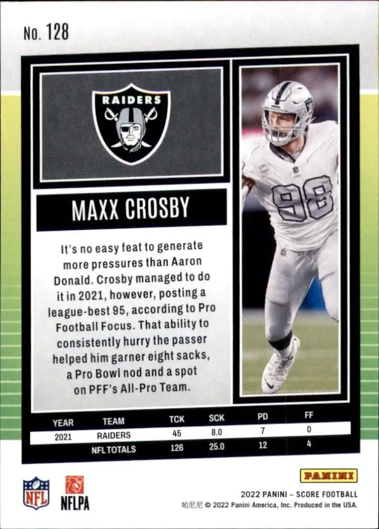 Maxx Crosby football card from 2022 Panini Score Maxx Crosby Las Vegas Raiders NFL Series