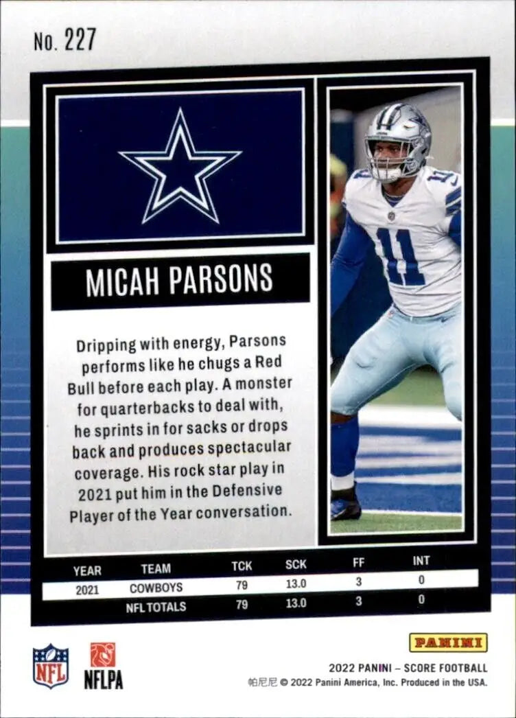 2022 Panini Score Micah Parsons Dallas Cowboys NFL Football Card #227 for collectors