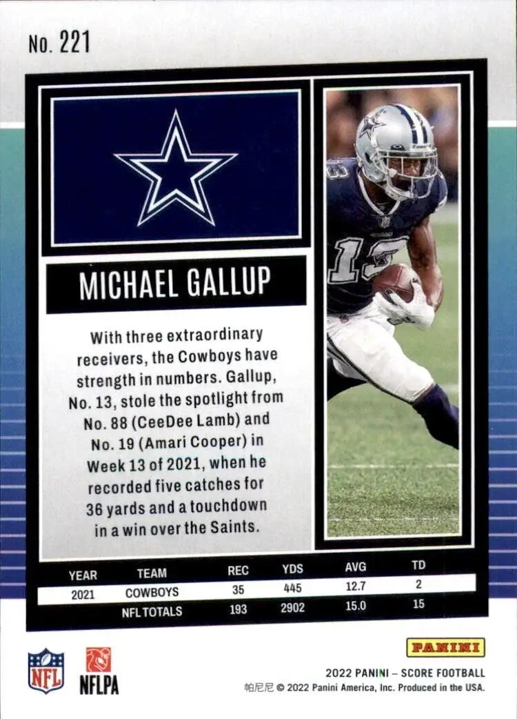 Michael Gallup 2022 Panini Score NFL Football Card Dallas Cowboys #221