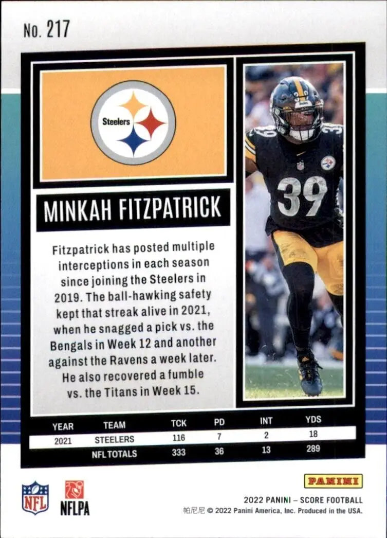 Score Minkah Fitzpatrick Pittsburgh Steelers NFL Football card from 2022 Panini