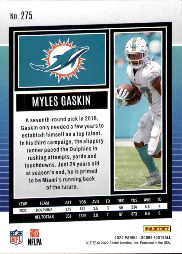 2022 Panini Score Myles Gaskin Miami Dolphins NFL Football card #275 design