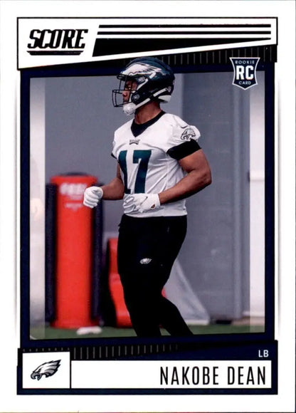 Panini Score Nakobe Dean rookie card from the 2022 Philadelphia Eagles NFL set