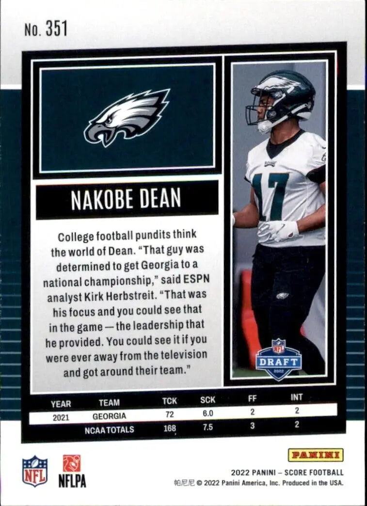 2022 Panini Score Nakobe Dean Rookie Philadelphia Eagles Football Card #351