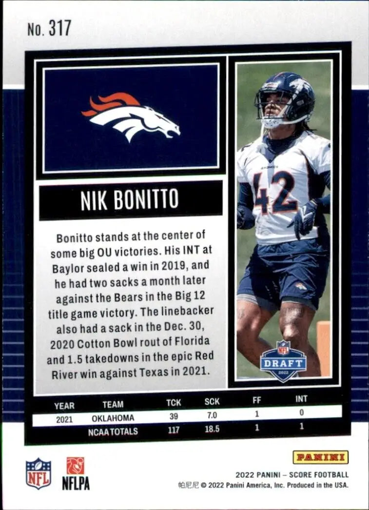 Nik Bonitto football card from 2022 Panini Score Denver Broncos rookie #317