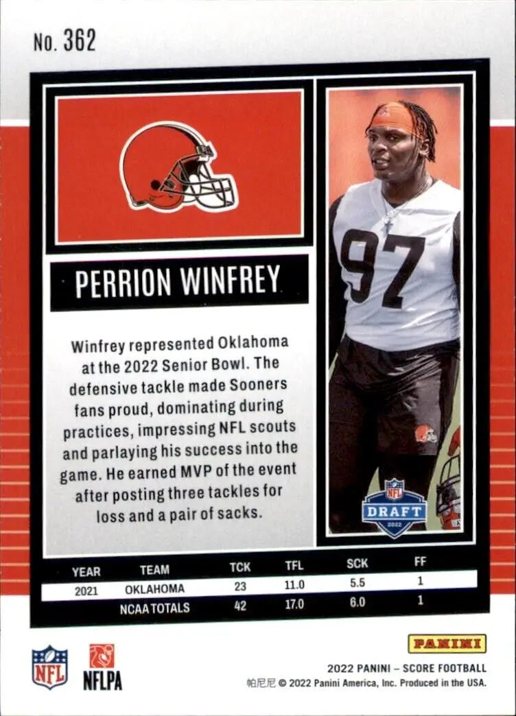 Perrion Winfrey Rookie football card from 2022 Panini Score Cleveland Browns #362