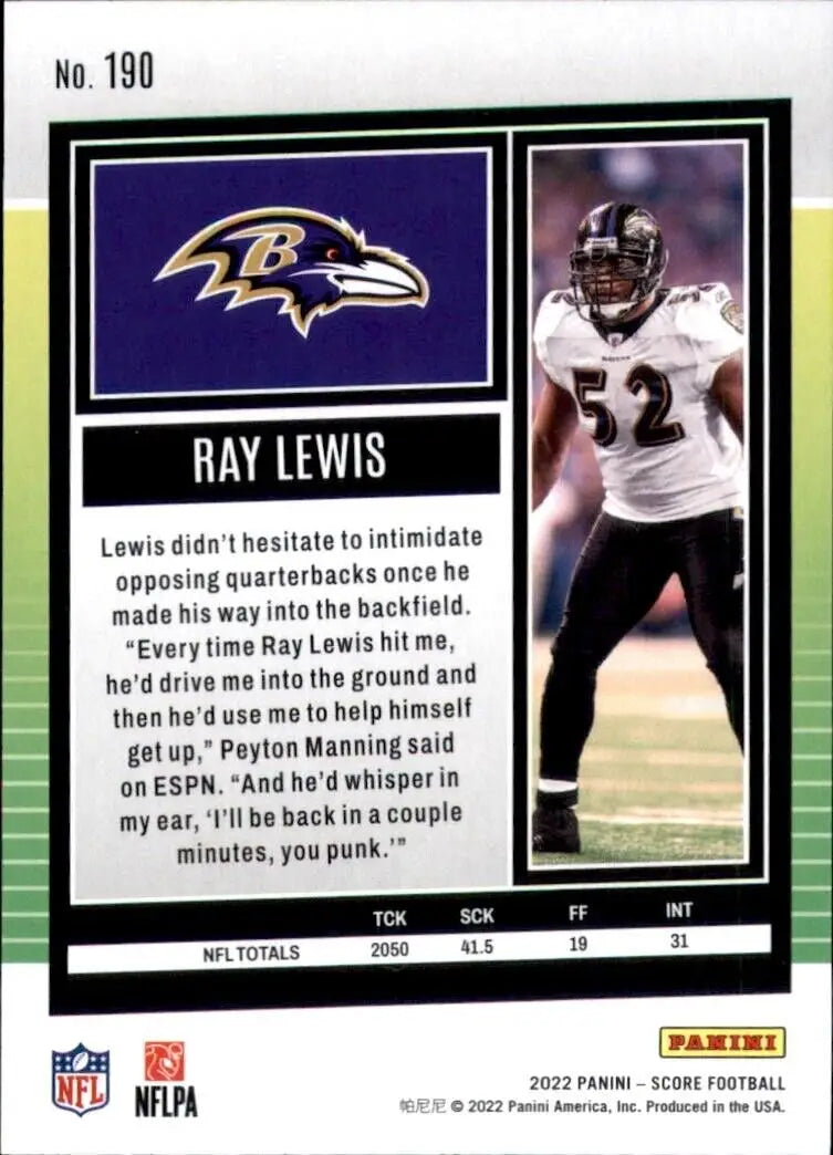 Ray Lewis football card from 2022 Panini Score Baltimore Ravens NFL collection