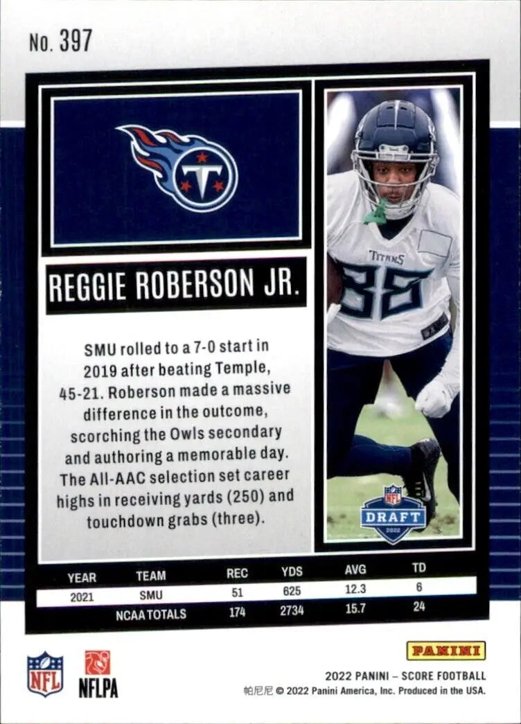 Panini Score Reggie Roberson Jr. Rookie football card for Tennessee Titans NFL #397