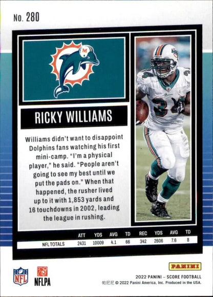 2022 Panini Score Ricky Williams Miami Dolphins NFL Football Card #280 for collectors