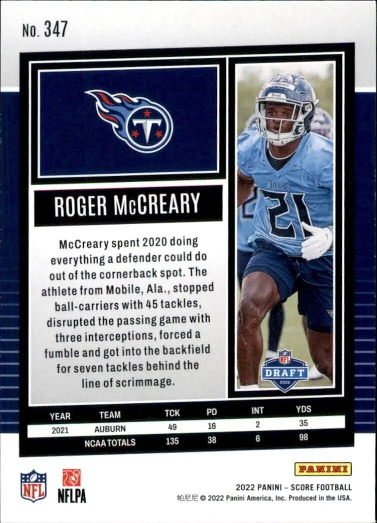 2022 Panini Score Roger McCreary rookie card for Tennessee Titans NFL collection