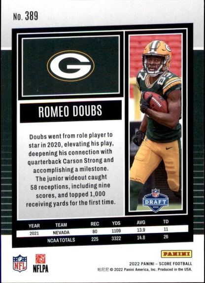 Romeo Doubs Rookie Football Card from 2022 Panini Score Green Bay Packers NFL #389