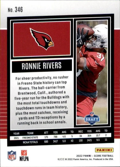 Ronnie Rivers rookie card from 2022 Panini Score Arizona Cardinals NFL #346