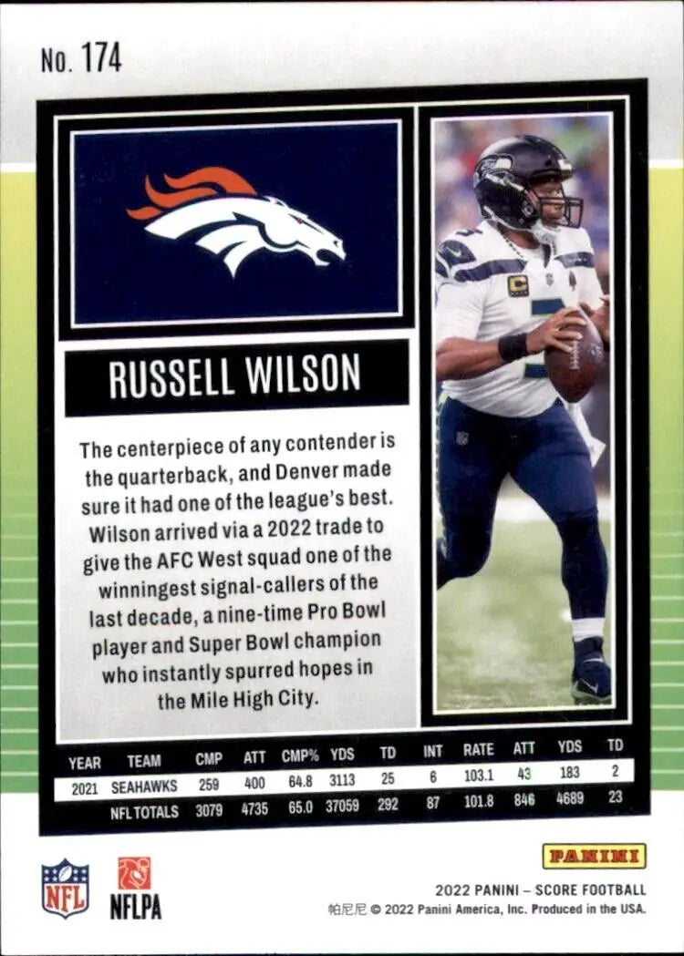 Score Russell Wilson card featuring Wilson Denver Broncos in 2022 Panini Score #174