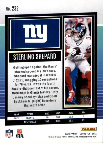 2022 Panini Score Sterling Shepard New York Giants NFL Football card #232