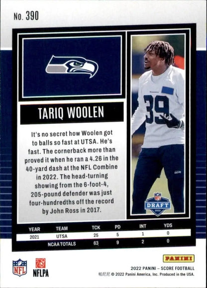 Tariq Woolen Rookie football card from 2022 Panini Score Seattle Seahawks #390