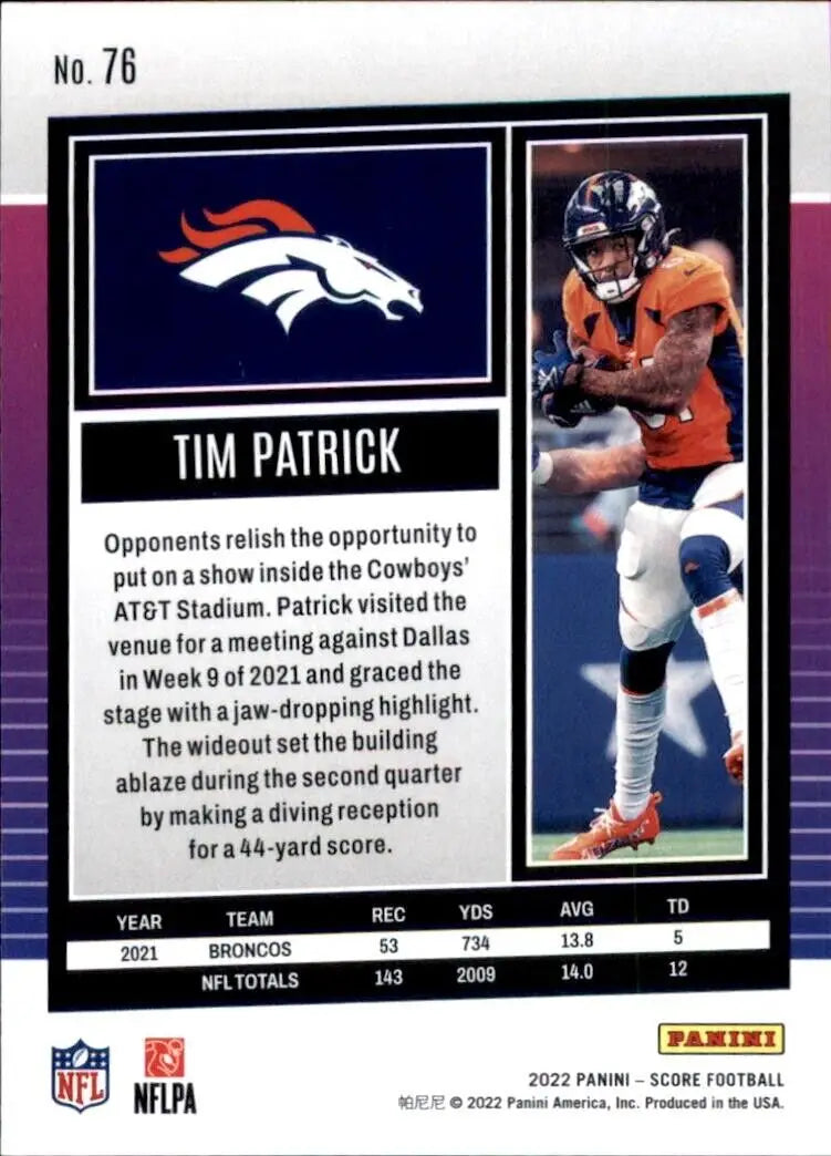 Tim Patrick Denver Broncos football card from 2022 Panini Score series