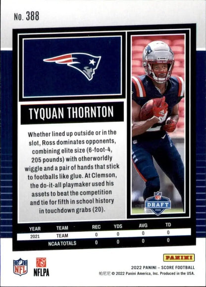 Tyquan Thornton Rookie Card from 2022 Panini Score New England Patriots NFL #388