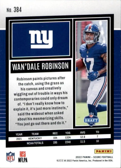 Wan’Dale Robinson football card from 2022 Panini Score New York Giants NFL collection