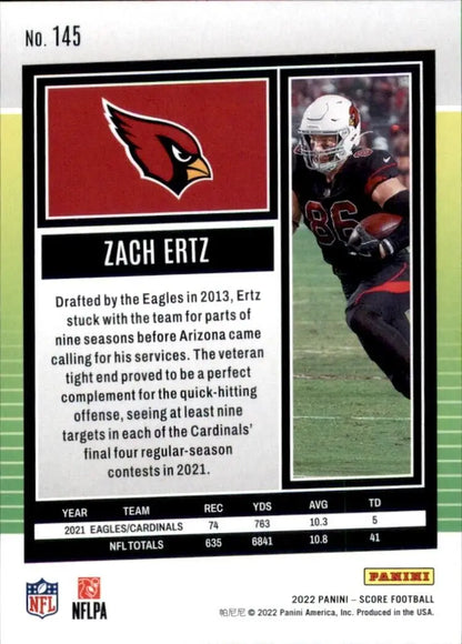 Zach Ertz Arizona Cardinals football card from 2022 Panini Score series #145