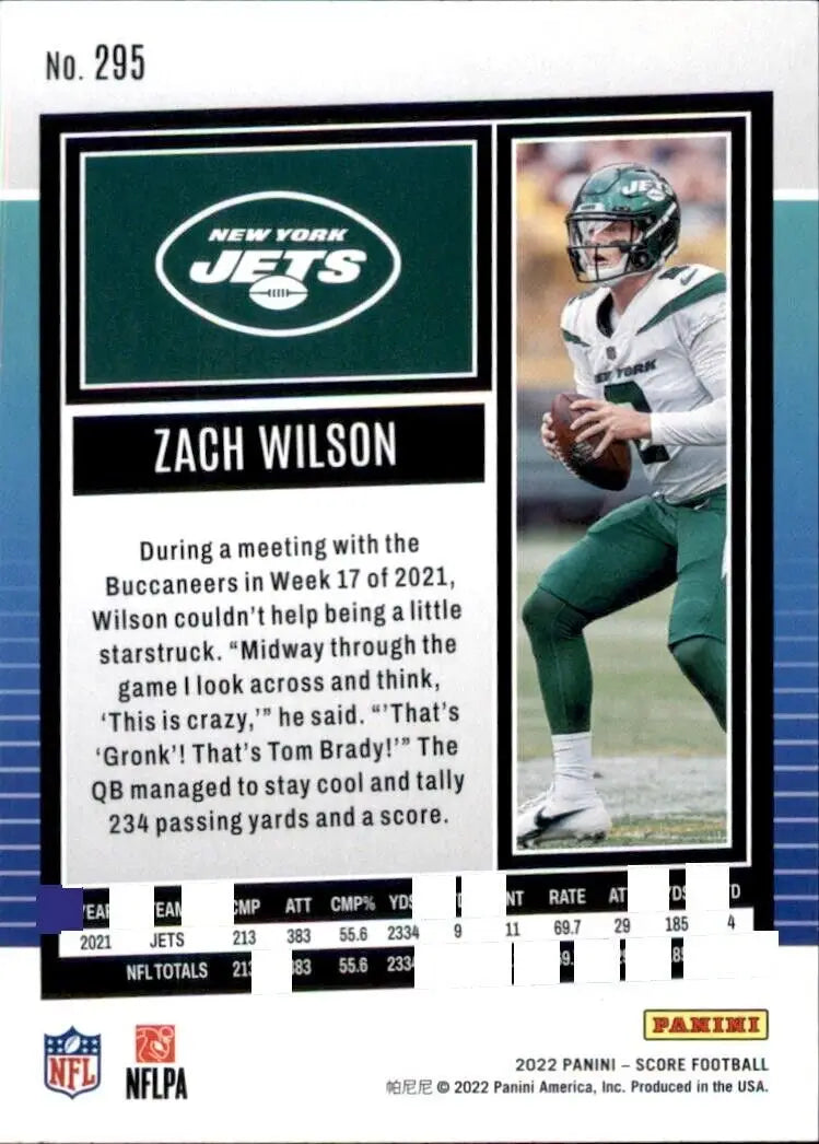 Zach Wilson football card from 2022 Panini Score New York Jets NFL #295