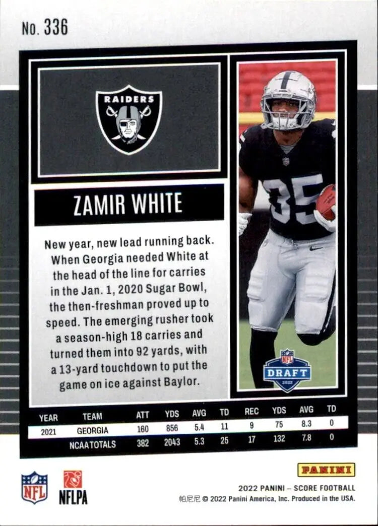 Zamir White Rookie card from 2022 Panini Score for Las Vegas Raiders NFL fans