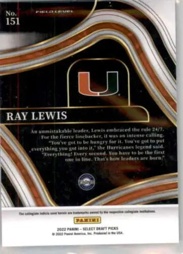 Ray Lewis 2022 Panini Select Draft Picks Blue football card with original gloss NM condition