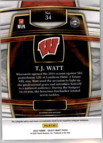 T.J. Watt football card from 2022 Panini Select Draft Picks with original gloss finish